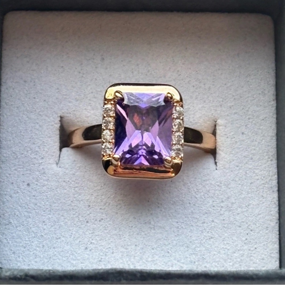 Rose Gold Plated Purple Gemstone Ring Size 6 | Emerald Cut Halo CZ Engagement